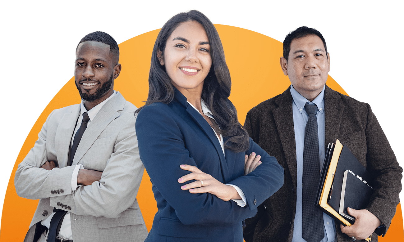 A group shot of three, diverse people in front of an orange background