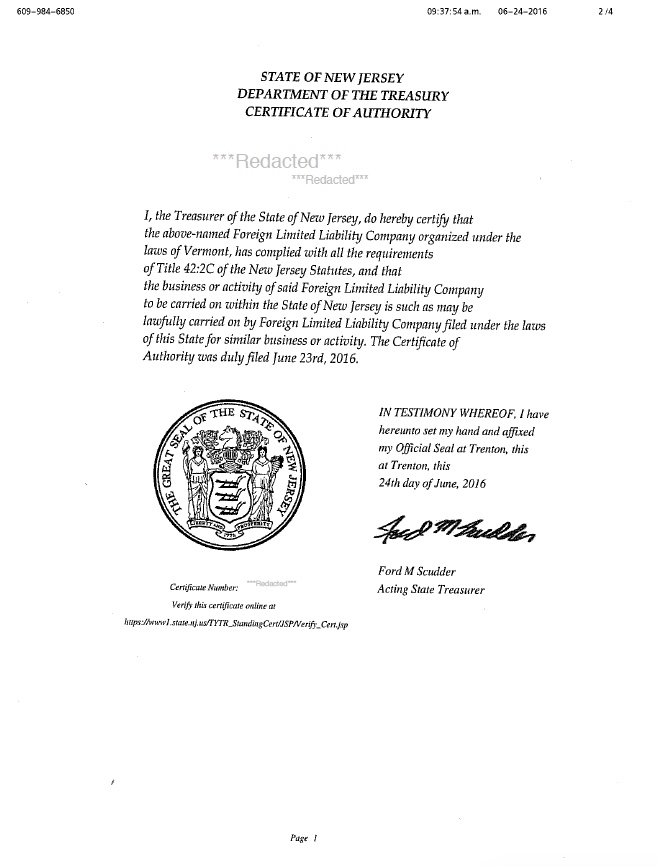 New Jersey Certificate of Authority Harbor Compliance