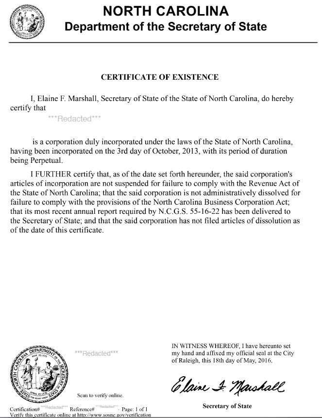 South Carolina Certificate of Good Standing Harbor Compliance