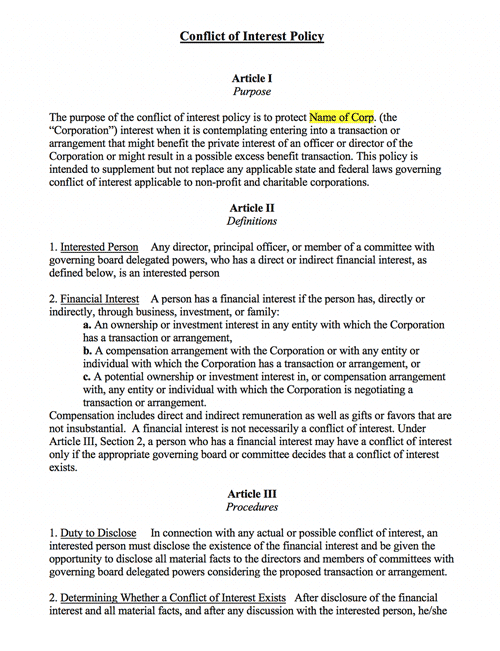 A preview of our Conflict of Interest Policy template