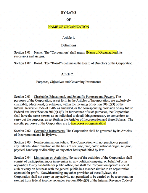 A preview of our Nonprofit Bylaws template