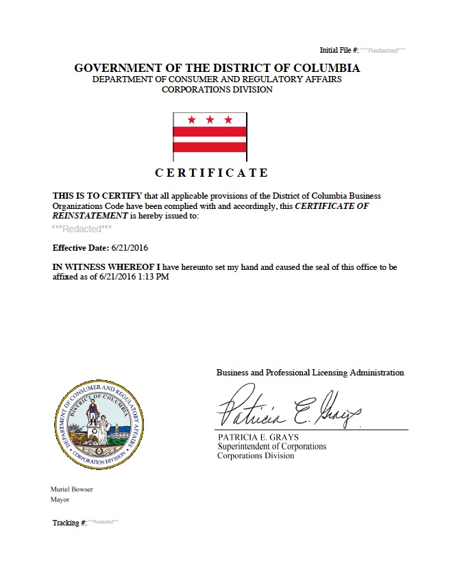 Washington D.C. reinstatement example