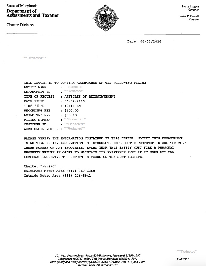 Maryland reinstatement example