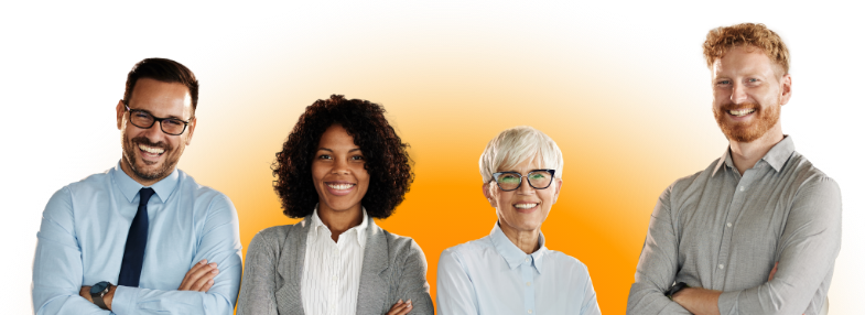 Four diverse people smiling confidently with
arms crossed against an orange background.
They are wearing professional attire, conveying positivity and teamwork.