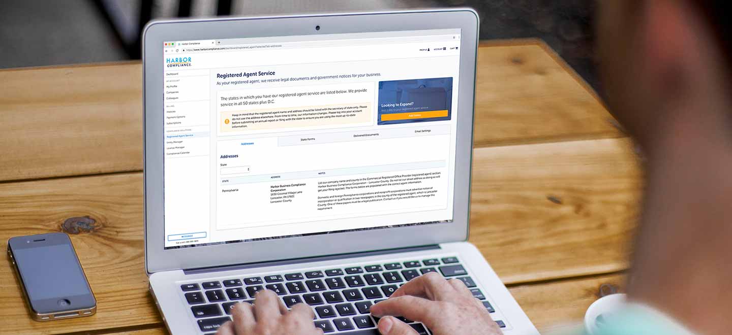 A person using our Registered Agent software on a laptop