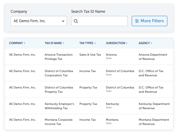 A screenshot of a list of tax registrations